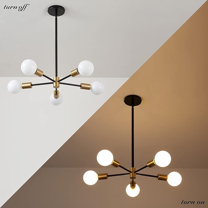 Modern Sputnik Light Fixture,Semi Flush Mount Ceiling Light Black and Gold Mid Century Chandeliers for Bedroom,Dining Room,Kitchen Island,Living Room,Bedroom,Farmhouse