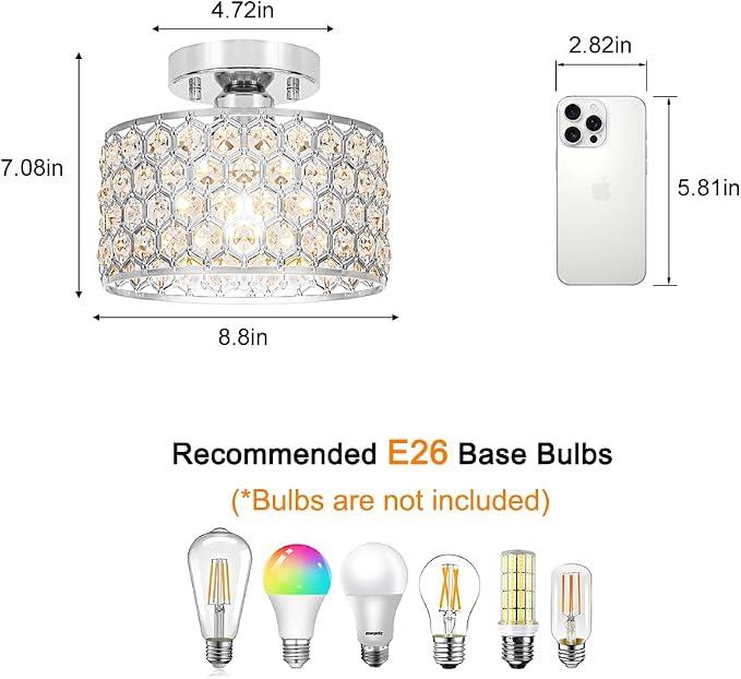 Lxybcce Chrome Crystal Ceiling Light Fixture - Modern Semi Flush Mount Ceiling Chandelier Lighting for Hallway, Kitchen & Foyer | Dazzling Prism Chandelier with Easy Installation,1 Light, 9 in