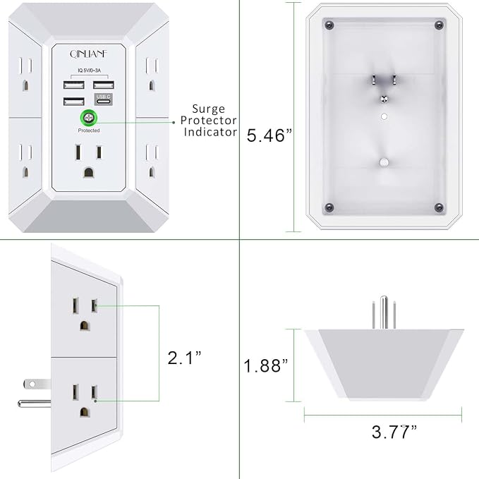 Wall Charger, Surge Protector, QINLIANF 5 Outlet Extender with 4 USB Charging Ports, 3-Sided 1680J Power Strip Multi Plug Adapter Spaced for Home Travel Office