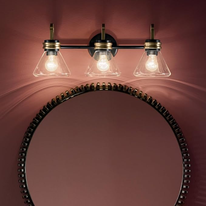 Kichler Farum 3-Light Bathroom Vanity Light, Black | Modern vanity light with clear glass for single or double bathroom mirrors (26" x 9.5" x 9.5"), 55155BKCLR