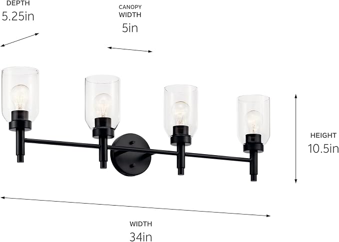 Kichler Madden 4-Light Bathroom Vanity Light, Black | Modern vanity light with clear glass for single or double bathroom mirrors (34" x 10.5"), 55186BK