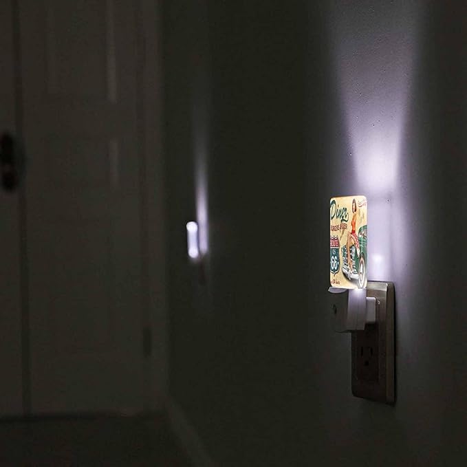 LED Night Light,Diner Route 66 Vintage Girl Red Skirt LED Night Light Plug into Wall with Dusk to Dawn Light Sensor White Energy Efficient Nightlight for Bedroom Bathroom Hallway Living Room Kitchen