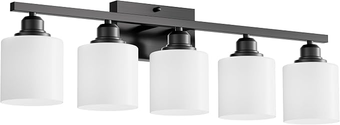 5-Light Bathroom Light Fixtures Over Mirror, Matte Black Vanity Lights, Modern Bathroom Vanity Light, Glass Shade & Anti-Rust Nickel Finished, Bathroom Light for Small Space