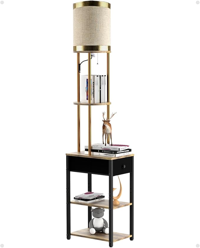 Lightdot 65IN Floor Lamps with Storage Table&Drawer, Corner Shelf Lamps with Black End Table and Fabric Shade, Modern Standing Tall Lamp for Living Room/Bedroom/Sofa Beside/Corner Decor(Bulb Included)