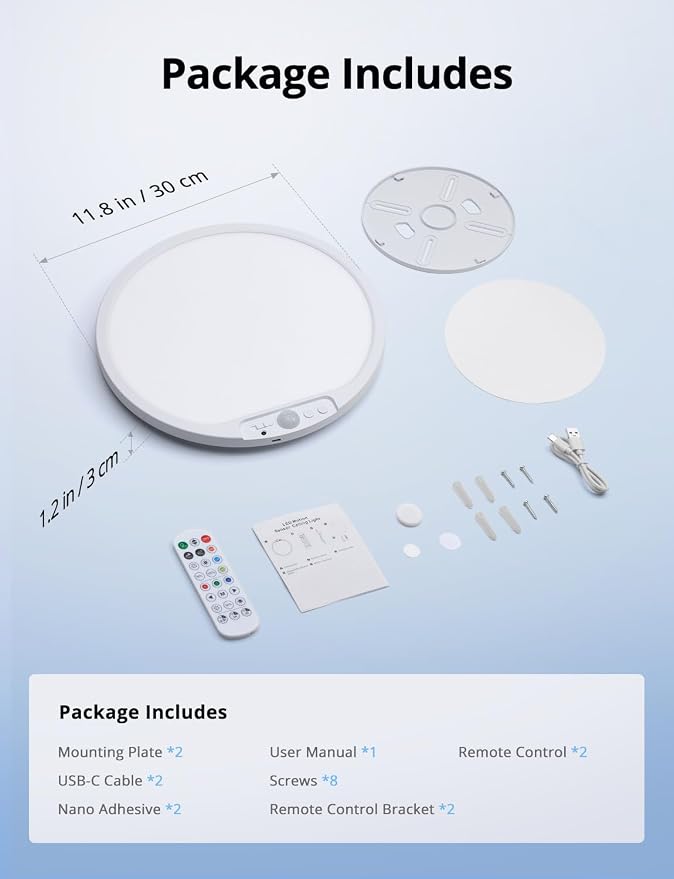 2 Pack Rechargeable Battery Operated Ceiling Light for Shower Wireless, 80 Day Battery Life Powered 11.8Inch Bright Waterproof Magnetic RGB Overhead Lighting Without Wiring for Closet Bathroom