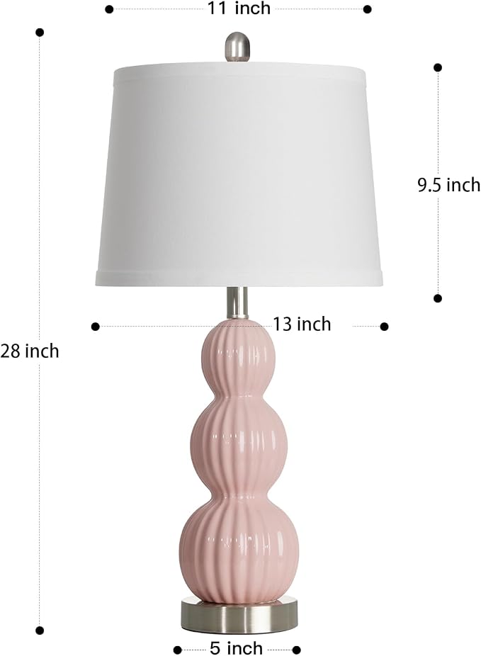 28" Pink Ceramic Table Lamps Set of 2, Modern Bedside Lamps for Night Stands, Triple Gourd Table Lamp for Living Room End Table or Bedroom Nightstand (2 LED Bulbs Included)