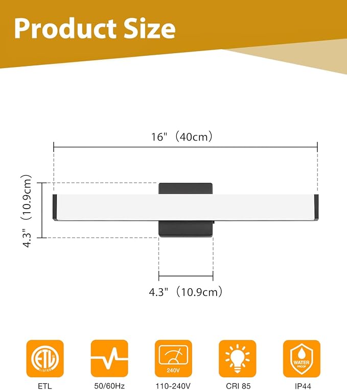 16" LED Bathroom Vanity Light, 10W 5CCT Dimmable, Brushed Black | Wall Bar Light, Rust & Moisture Resistant, Dimmable 2700K-5000K, Energy-saving, moisture-proof, Dresser Bathroom over Mirror