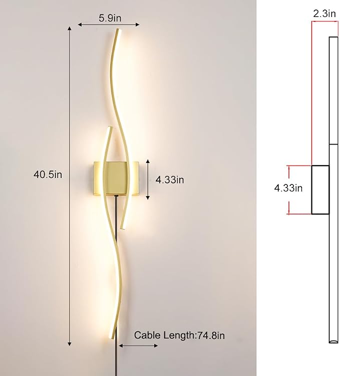 Daunton Modern Gold Plug in Wall Sconces Set of Two, RC Dimmable LED Plug in Wall Light, Wall Lamps with Plug in Cord for TV Wall Sconces, Gold Sconce Wall Lighting for Living Room, Hallway, Bedroom