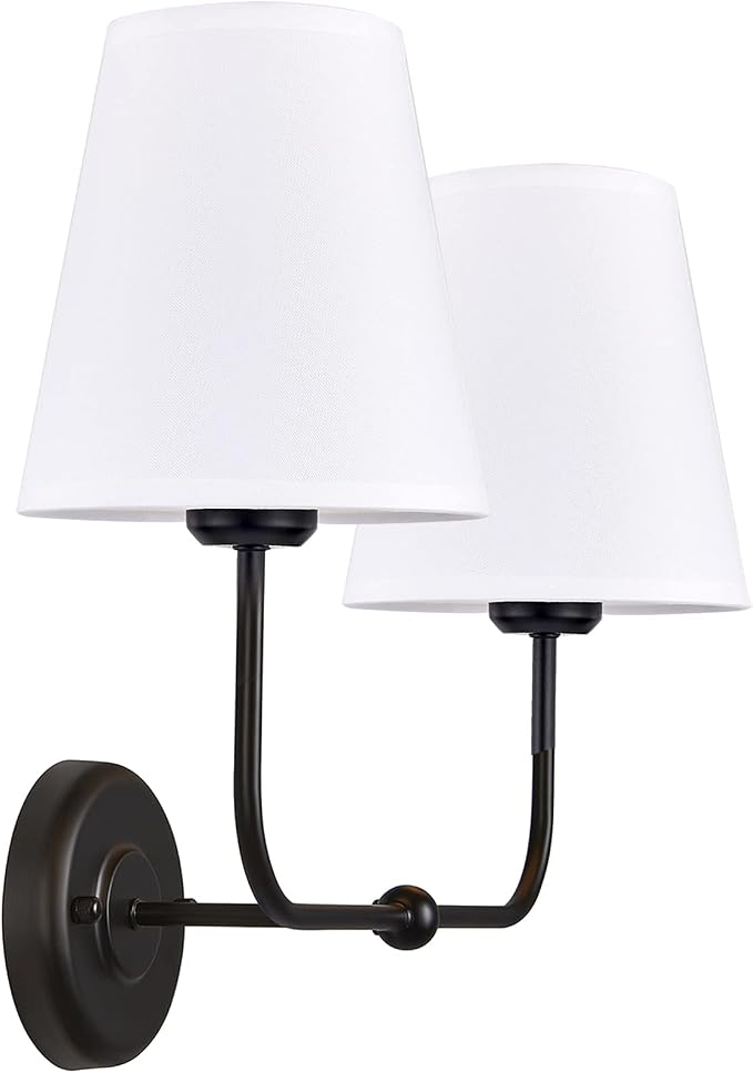 Double Light Wall Sconce with White Fabric Tapered Shades, 2-Light Black Sconce for Bathroom Vanity Hallway Stairway Living Room