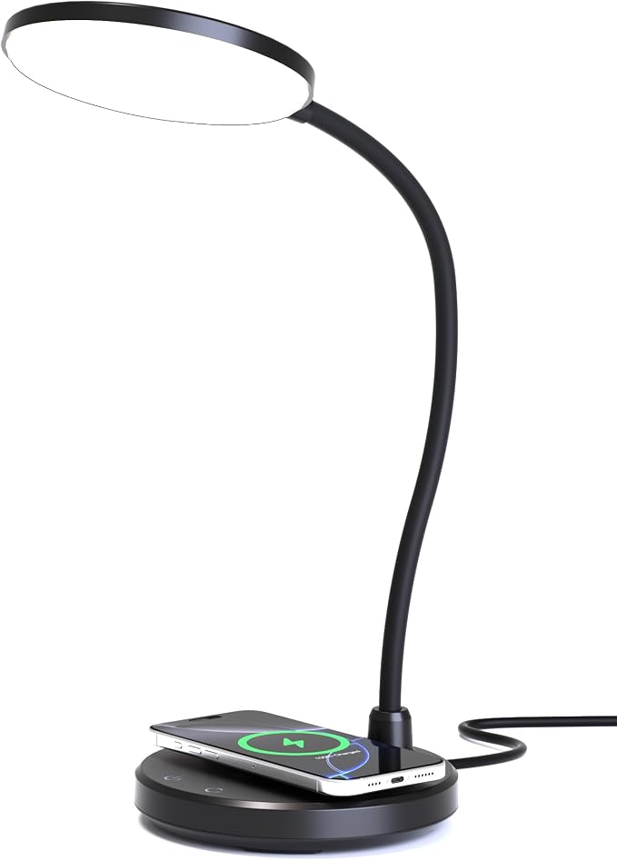 10W Wireless Charger Desk Lamps, Home Office, 800LM CRI95+,Black | Eye-Caring Led Desk Lamp with 3 Color Change, Dimmable, Adjustable Arm Table Lamp for Bedside, College Dorm, with Adapter