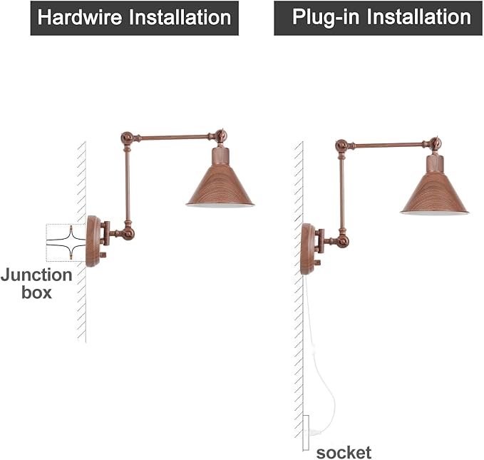 TRLIFE Wall Sconce Plug in, Dimmable Wall Sconce with Switch Swing Arm Wall Lights Plug in Wall Mounted Light Wall Sconces Lighting with 6FT Plug in Cord, E26 Base(1 Pack, Walnut Color)