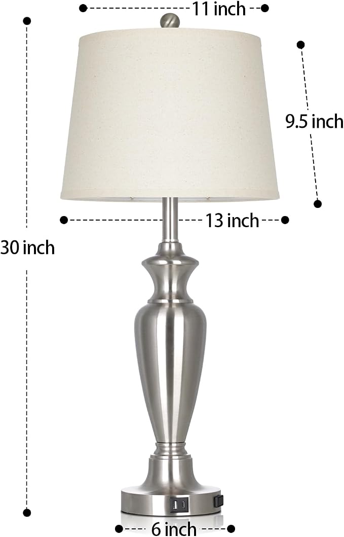 30" Tall Silver Table Lamps Set of 2 for Living Room, Touch Control Bedside Lamps for Nightstand, 3-Way Dimmable Bedroom Table Lamp with USB A+C Ports and AC Outlet (2 LED Bulbs Included)