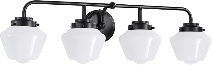 RUIYEY Bathroom Vanity Light Fixtures: 4-Light Matte Black Bathroom Lighting Fixtures Over Mirrors, Farmhouse Rustic Wall Sconce with Milky White Glass for Bath Living Room Cabinet