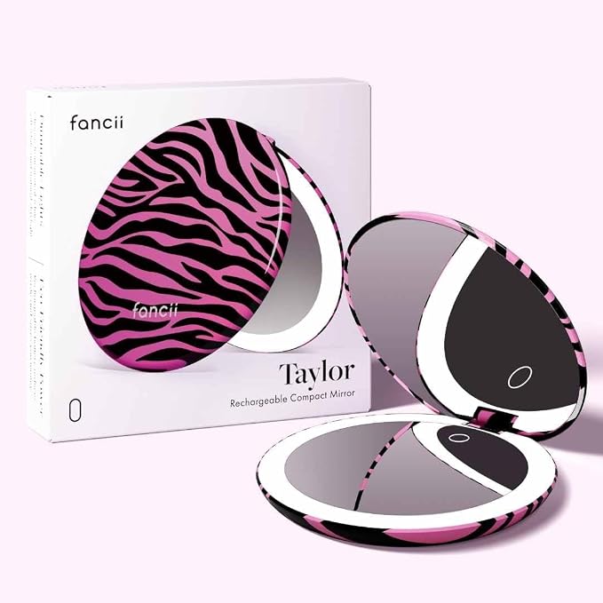 Fancii Taylor LED Lighted Travel Makeup Mirror, Rechargeable, 10x /1x Magnifying, Tru-Glow Lighting System, XL Large 5” Wide | Compact Mirror for Purses (Hot Pink Safari)