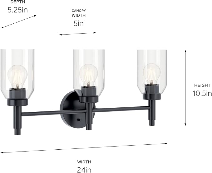 Kichler Madden 3-Light Bathroom Vanity Light, Black | Modern vanity light with clear glass for single bathroom mirrors (24" x 10.5"), 55185BK