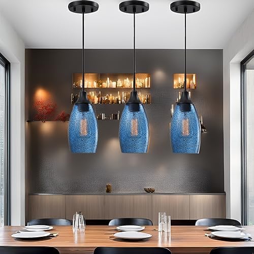 Viinew Mini Glass Pendant Light 3-Pack Dark Blue Seeded Hanging Light | Handblown Dark Blue Marble Art Glass Shade Ceiling Light 4.72" Hanging Pendant Light for Kitchen Island,Dining Room