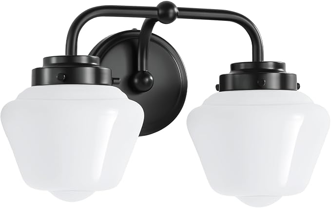 RUIYEY Bathroom Vanity Light Fixtures: 2-Light Black Bathroom Lighting Fixtures Over Mirror with Milky White Frosted Glass Shade, Farmhouse Modern Wall Light for Bath