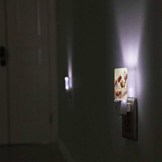 LED Night Light,Poppies Flower Artwork Vintage Brown Lotus LED Night Light Plug into Wall with Dusk to Dawn Light Sensor White Energy Efficient Nightlight for Bedroom Hallway Living Room Kitchen
