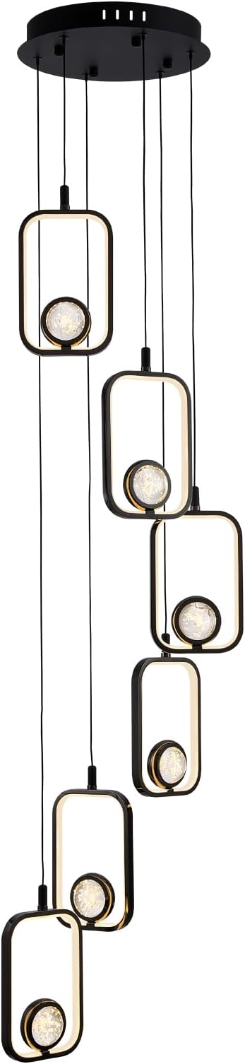 6Lights Modern LED Crystal Chandelier 6 Lights Black High Ceiling Chandelier for Staircase Large Adjustable Length Light Fixture for Foyer Entryway Living Room