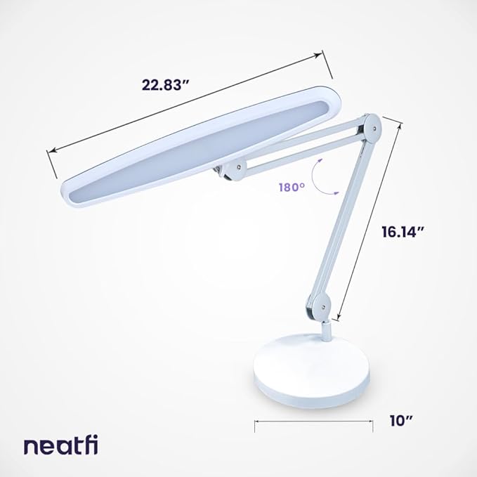 Neatfi XL 24W LED Desk Lamp with Base – 2,200 Lumens | 23” Wide Shade | Dimmable Eye-Caring Task Light | Adjustable Arm | Office, Study, Crafting & Nail Techs (Non-CCT with Base, White)