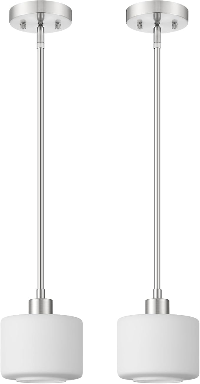 Milk Glass Pendant Lights Kitchen Island 2 Pack, Modern Brushed Nickel Hanging Light Fixtures with Rods, Mini Kitchen Pendant Lighting Over Island for Sink Bathroom, OS-YQ8153-2PBN