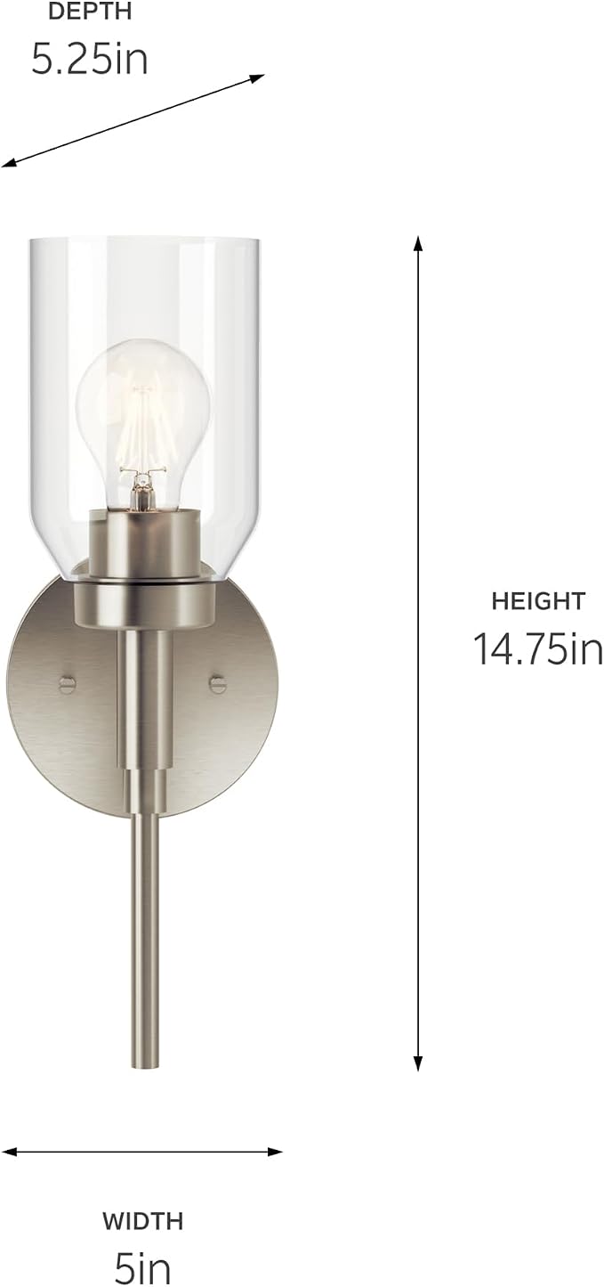 Kichler Madden 1-Light Bathroom Wall Light, Brushed Nickel | Modern wall light with clear glass for bathrooms and hallways (14.75" x 5"), 55183NI
