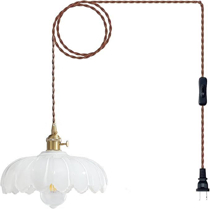XZHGCEE Plug in Pendant Light: Milk Glass Hanging Light Plug in Hanging Lamp, Pendant Lighting for Kitchen Island, Bedroom, Dining Room, Living Room, E26 No Bulb