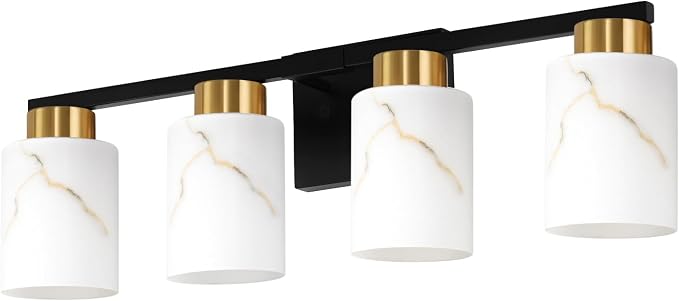 4-Light Bathroom Light Fixtures, Modern Vanity Lights, Black and Gold Metal Wall Lamp with White Marble Glass for Bathroom, Mirror, Living Room, Bedroom, Cabinet, Porch, Hallway, E26 Base