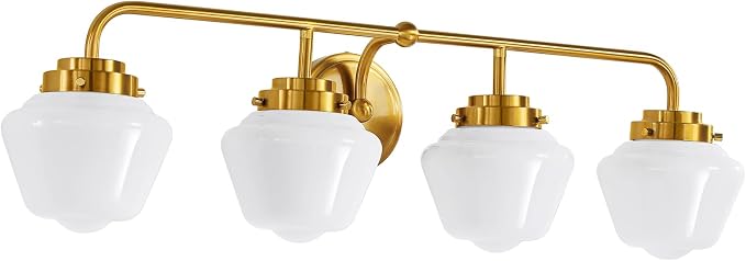 RUIYEY Bathroom Vanity Light Fixtures: 4 Lights Brushed Gold Vanity Lights for Bathroom, E26 60w Hardwired Wall Sconce Lighting with Frosted Milky Glass Over Mirror (Exclude Bulb)