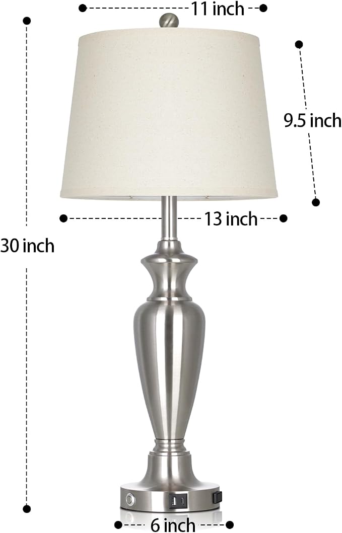 Silver Table Lamp for Living Room Single, 30″ Tall Touch Control Bedside Lamp for Nightstand, 3-Way Dimmable Bedroom Lamp with USB A+C Ports and AC Outlet (1 Pack)
