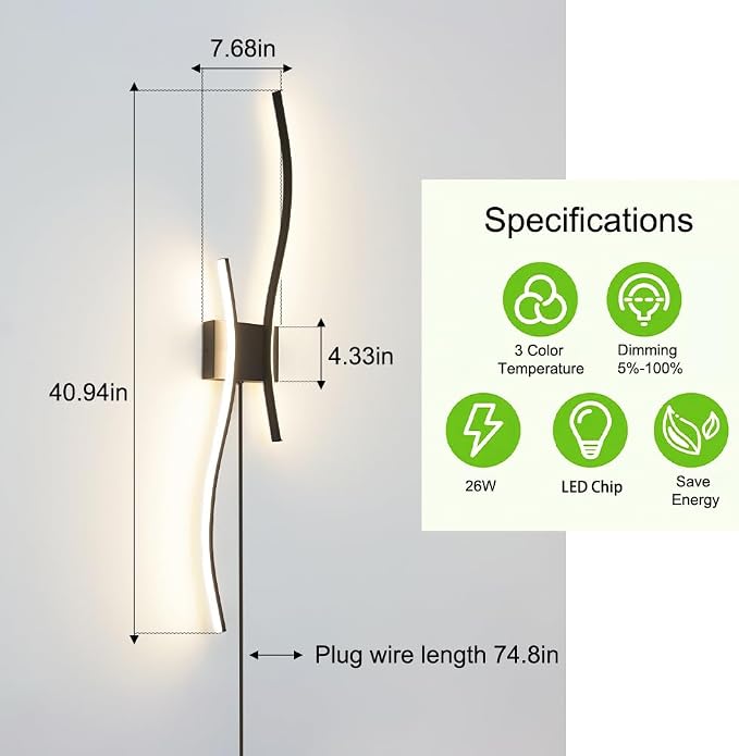 Daunton Modern Black Plug in Wall Sconces Set of 2 - Smart Dimmable LED Wall Lights with Remote, 3CCT Adjustable & Memory Function, Timer Setting - No Wiring Needed for Living Room, Bedroom, Hallway