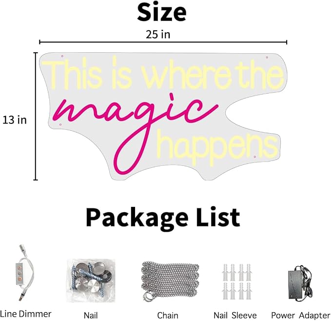 Large This Is Where The Magic Happens Neon Signs, Dimmable Neon Light Signs with ON/OFF Switch, LED Neon Light Sign for Living Room Home Gym Decor, Wedding Birthday Party Neon Sign, 25x13 Inch