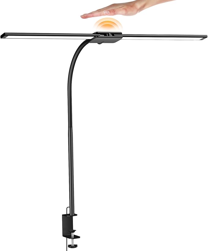 Syrinx LED Desk Lamp for Office Home โ Eye Caring Dual Head Desk Light with Flexible Goose-Neck, Clamp, Gesture/Wired Control, 50 Lighting Modes with Memory/Timer, Table Lamp for Study, Drafting