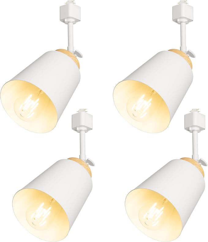 H Type Track Lighting Heads with Lamp Shade, White 4 Pack -No Bulbs | E26 Track Light Ceiling Modern for Kitchen, Compatible with H Track Lighting Rail System, Wood Style Pendant Light Fixtures