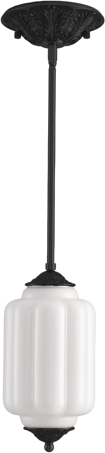 LOUSACE 5.5 in Milk Glass Kitchen Pendant Light, Retro Semi Flush Mount Ceiling Pandant Lighting with Matte Black Aluminium Base & White Milk Glass, E12 Blub Included