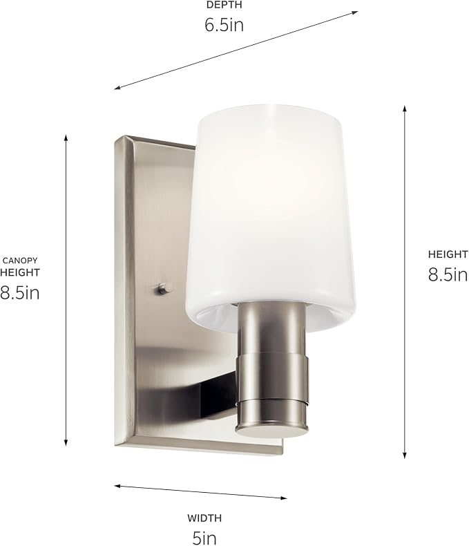 Kichler Adani 1-Light Wall Sconce, Modern Light with Opal Glass in Brushed Nickel, for Bathroom, Powder Room, Kitchen, Bedroom, or Hallway (8.5" x 5"), 55174NI
