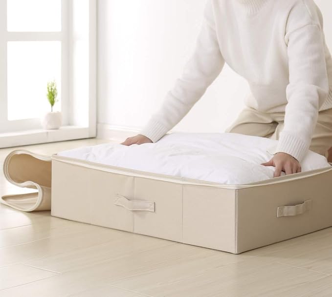 Folding Underbed Shoes Clothes Storage Organizer Basket with Zip Lid,Beige | Underbed Clothes Organizer Basket, Garment Storage Boxes, folding washable rigid sturdy storage bins for clothing shoes duvet