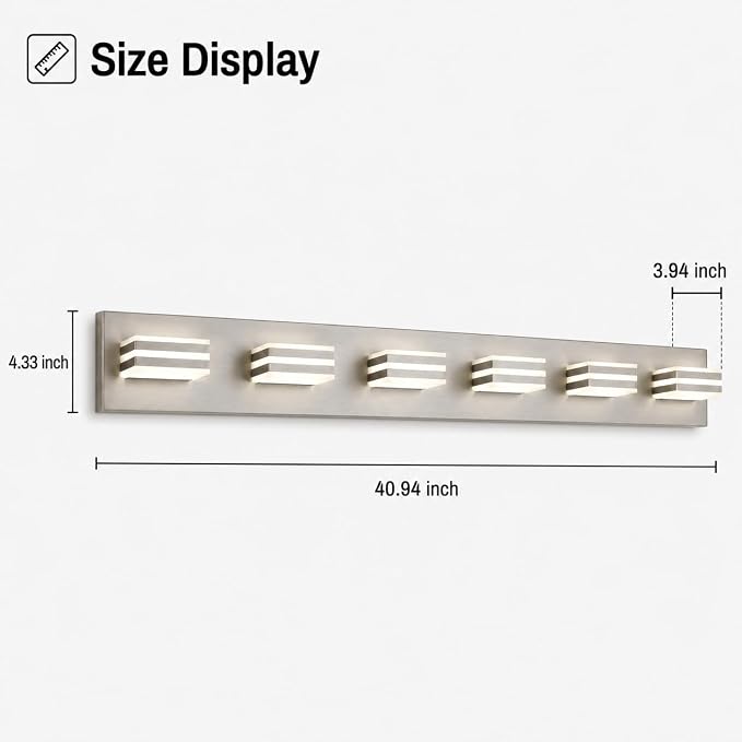 6-Light Brushed Nickel Vanity Light for Double Sink Bathroom, 41 Inch 48W 5CCT Dimmable LED Over Mirror Wall Fixture, Hardwired Light with Clear Acrylic Shade