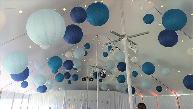 UNIQOOO 18PCS Ocean Blue Paper Lantern Wedding Party Decoration Set, Hanging Japanese Lantern Decor Supply, Easy Assemble, For Home Outdoor Baby Bridal Shower, Birthday Favor Supply, Assorted Sizes