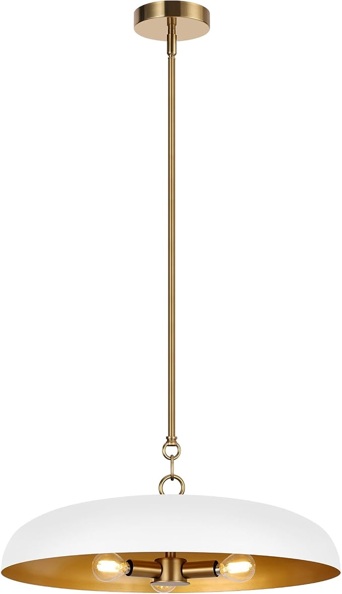 LamQee 20 Inch Oversized Large Pendant Lights, 3-Lights White and Gold Dome Chandelier, Mid Century Modern Metal Pendant Lighting Fixture Ceiling Hanging for Kitchen Island Dining Room Over Table Bar