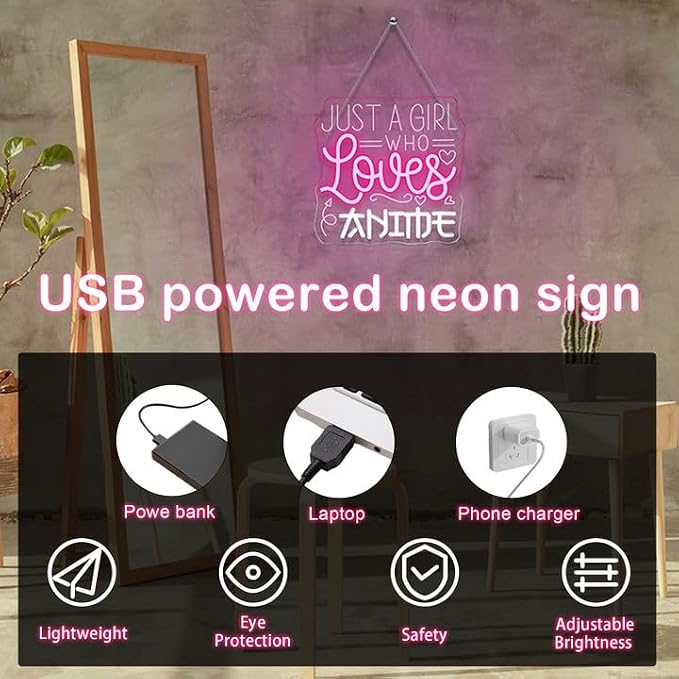 Just a Girl Who Likes To Watch Anime Neon signs Anime Girl Neon Sign LED Light with Dimmer for Bedroom Office Hotel Pub Cafe Bar Home Art Recreation Room Man Cave Wall Decor Pink