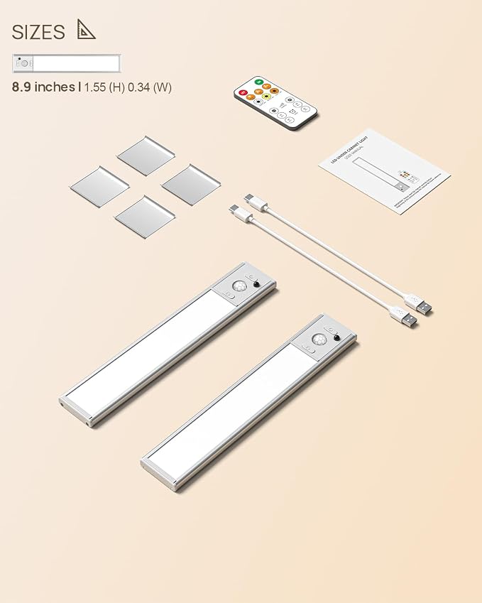 9" Under Cabinet Lights Wireless, Motion Sensor Light Indoor with Remote, LED Rechargeable Closet Light, 3 Color Temps, Dimmable, Magnetic, Under Counter Lights for Kitchen, Stairs, Pantry, Hallway