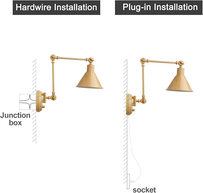 TRLIFE Wall Sconces Plug in, Dimmable Wall Sconces Set of 2 Swing Arm Wall Lights Plug in Wall Mounted Light Industrial Wall Lights with 6FT Plug in Cord, E26 Base, UL Listed(Oak Color)