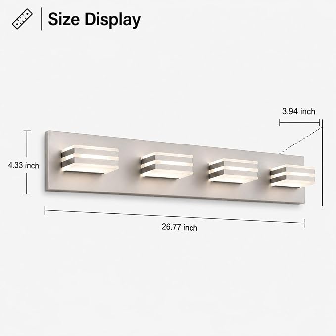 4-Light Brushed Nickel Bathroom Vanity Light, 27 Inch 32W 5CCT Dimmable LED Wall Fixture, Hardwired Over Mirror Lighting with Clear Acrylic Shade for Bathroom Remodel