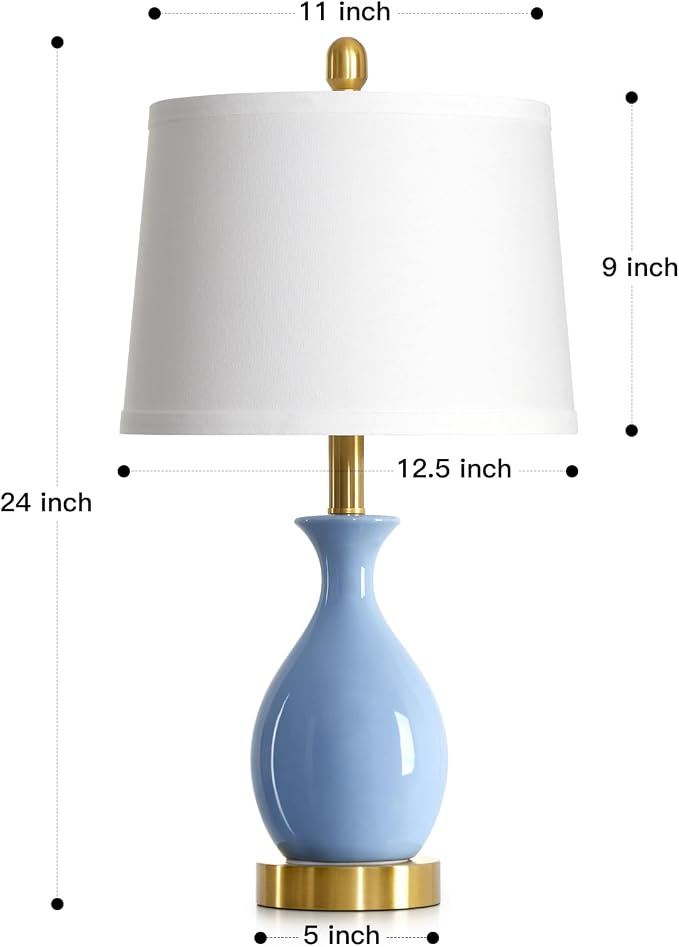 24″ Light Blue Ceramic Table Lamp for Living Room, Modern Classic Bedside Lamp for Nightstand, Small Table Lamp for Bedroom End Table (1 Pack)