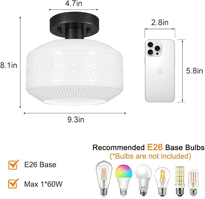 DSMJFU Black Semi Flush Mount Ceiling Light, Vintage Small Ceiling Light Fixture, Thickened White Glass Hallway Lighting Fixture, Kitchen Ceiling Mount Light for Entry Way, Bedroom, Bathroom
