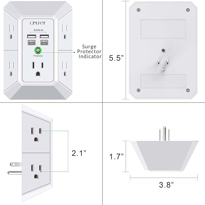 USB Wall Charger, Surge Protector, QINLIANF 5 Outlet Extender with 4 USB Charging Ports(2U2C) 3-Sided 1680J Power Strip Multi Plug Outlets Wall Adapter Spaced for Home Travel Office, White