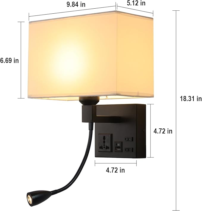 Plug in Wall Sconce, Bedside Wall Lamp for Bedroom with AC Outlet & USBA+C Charging Port, Wall Mounted Reading Light with 360°Adjustable, Black Headboard Lamps with 3 Color Temperature