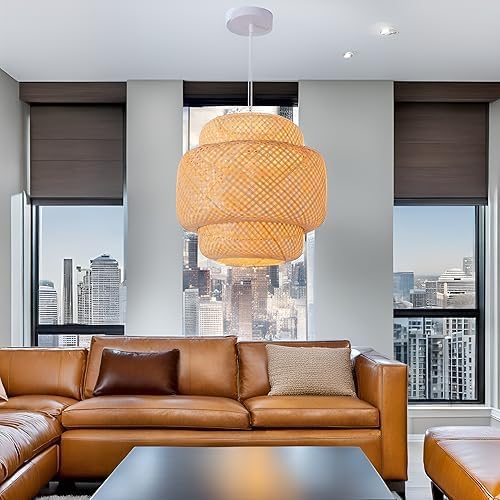 Bamboo Pendant Light,15.8" Rattan Chadelier | 15.75" Boho Bamboo Hanging Light,Hand Woven Rattan Chandelier for Kitchen Island Dining Bedroom Living Room Restaurant
