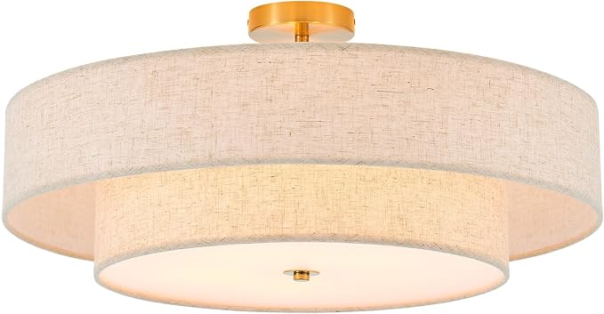 25.6" Large Gold Semi Flush Mount Ceiling Light,5-Light Linen Shade | Modern Fabric Drum Ceiling Light Fixture,E26 Base for Living Room ,Bedroom ,Kitchen ,Dining Room ,Hallway,closet,laundry room